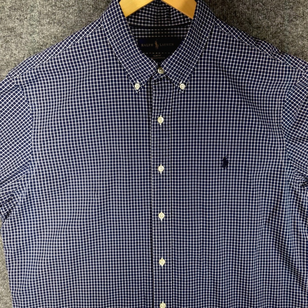 Ralph Lauren Slim Fit Stretch Poplin Shirt Mens XL Blue Gingham Check‎ L/S Pony